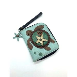 Chala Turtle Wallet Wristlet Faux Leather Blue Brown Zip Around Card Slot Pocket